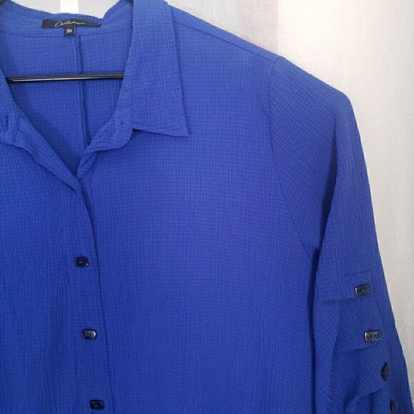 Caleloos Woman's Blouse Size 3XL Royal Blue Button Detail Long Sleeves Button Up - Picture 5 of 11
